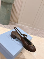 PRADA 26S SLINGBACK SANDALS 40MM IN DARK BROWN CALFSKIN WITH LOGO