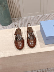 PRADA 26S SLINGBACK SANDALS 40MM IN CARAMEL BROWN CALFSKIN WITH LOGO