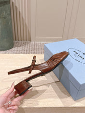 PRADA 26S SLINGBACK SANDALS 40MM IN CARAMEL BROWN CALFSKIN WITH LOGO