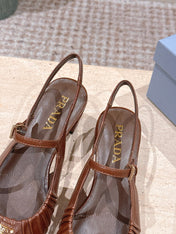 PRADA 26S SLINGBACK SANDALS 40MM IN CARAMEL BROWN CALFSKIN WITH LOGO