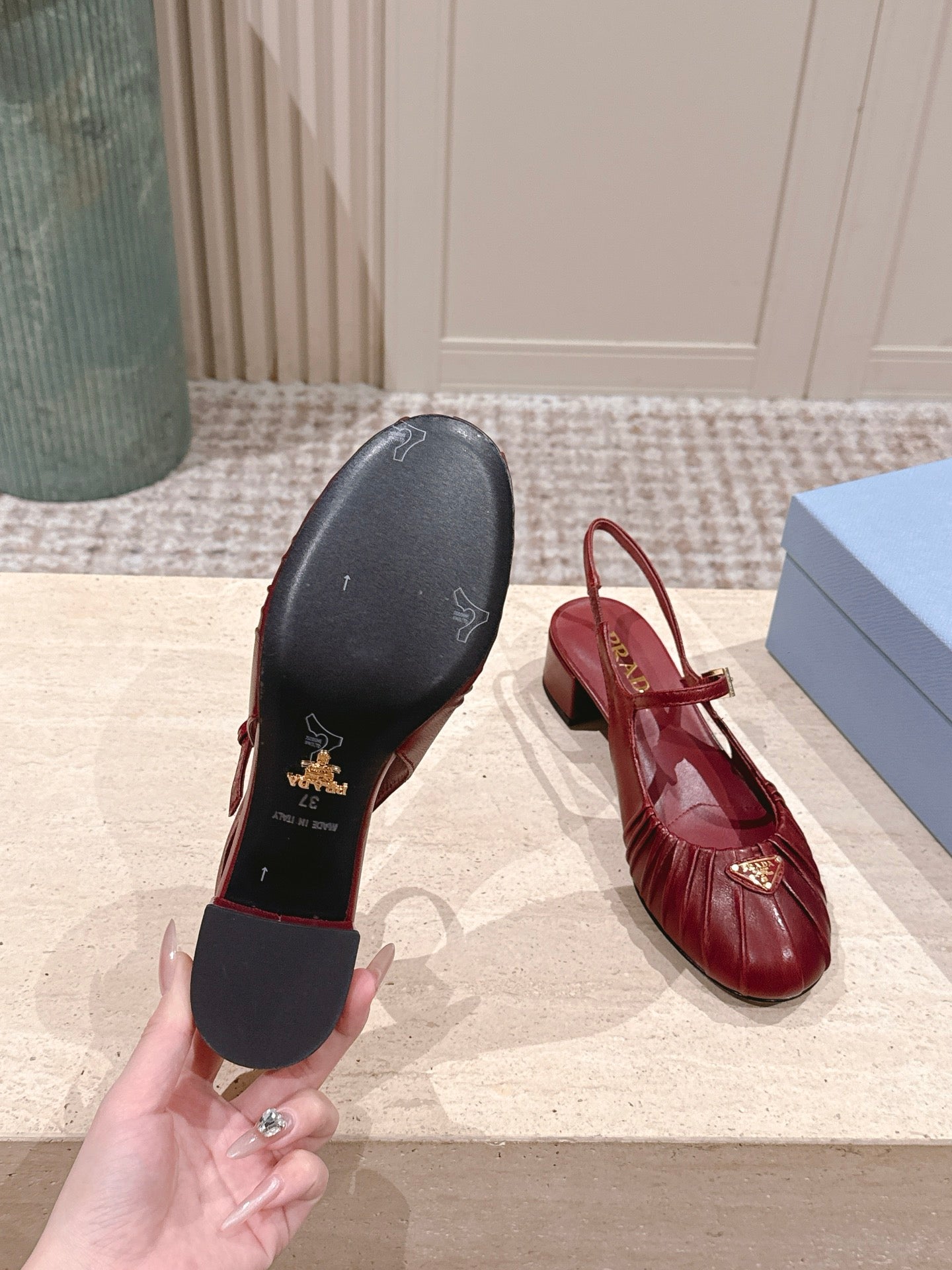 PRADA 26S SLINGBACK SANDALS 40MM IN DARK RED CALFSKIN WITH LOGO