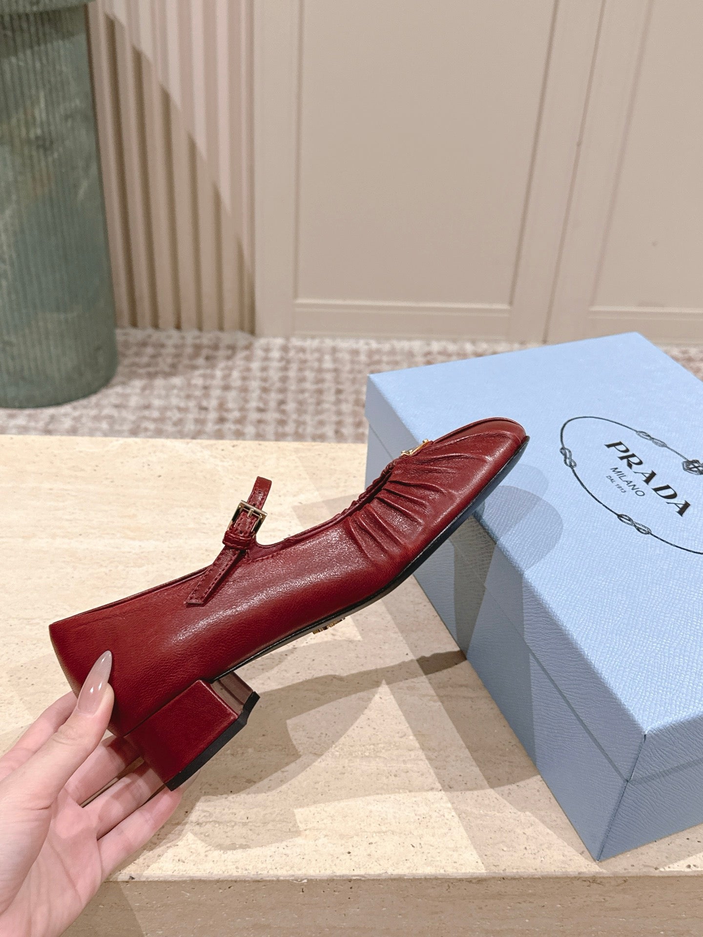 PRADA 26S MARY JANE 40MM IN DARK RED CALFSKIN WITH LOGO