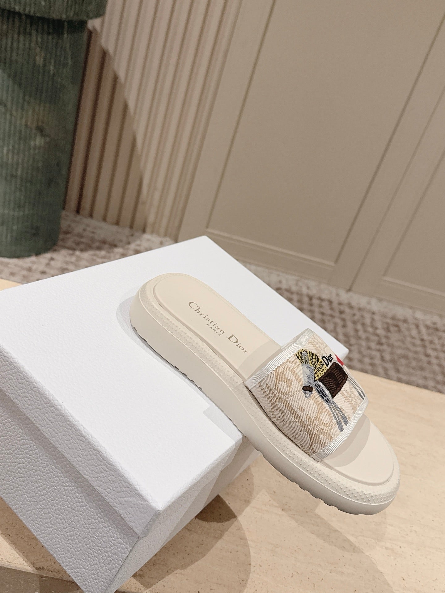 DIOR 26S SLIDE SANDALS IN BEIGE MONOGRAM EMBROIDERED CANVAS