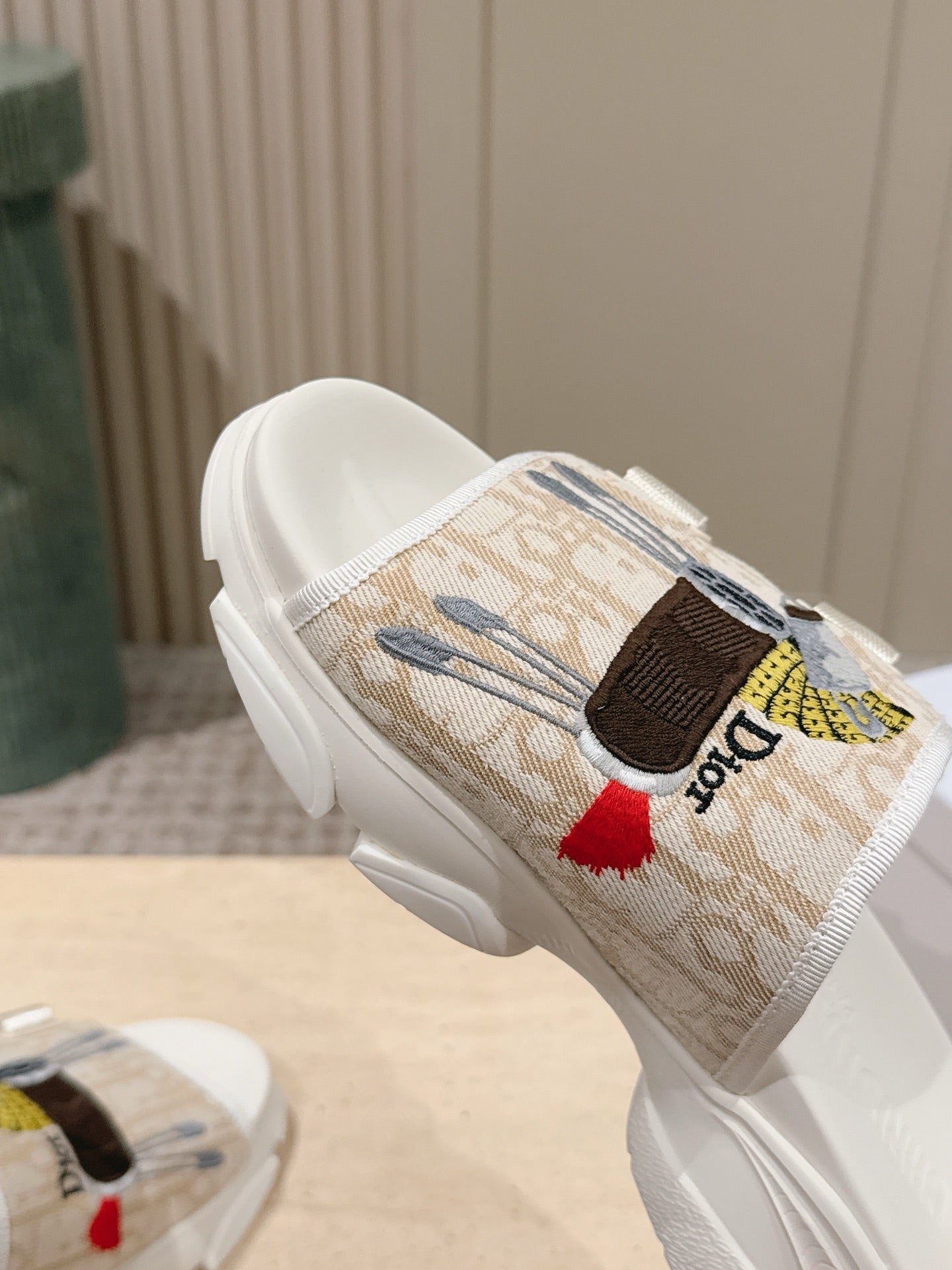 DIOR 26S DOUBLE STRAP SLIDE SANDALS IN BEIGE MONOGRAM CANVAS