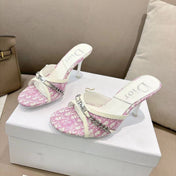 DIOR 26S KITTEN HEEL SLIDE SANDALS 85MM IN PINK MONOGRAM CANVAS CALFSKIN CHAIN STRAP