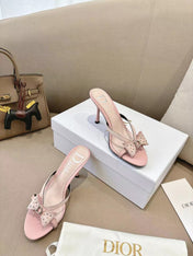 DIOR 26S KITTEN HEEL SANDALS 85MM IN PINK CALFSKIN BOW STUDDED