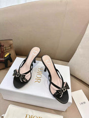 DIOR 26S KITTEN HEEL SANDALS 85MM IN BLACK CALFSKIN BOW STUDDED