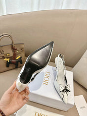 DIOR 26S SLINGBACK KITTEN HEEL PUMPS 85MM IN WHITE CALFSKIN STUDDED BOW STRAP