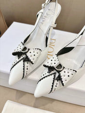 DIOR 26S SLINGBACK KITTEN HEEL PUMPS 85MM IN WHITE CALFSKIN STUDDED BOW STRAP