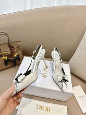 DIOR 26S SLINGBACK KITTEN HEEL PUMPS 85MM IN WHITE CALFSKIN STUDDED BOW STRAP