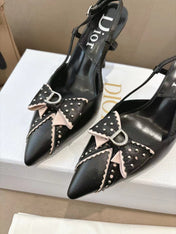 DIOR 26S SLINGBACK KITTEN HEEL PUMPS 85MM IN BLACK CALFSKIN STUDDED BOW STRAP