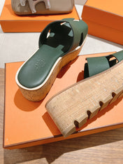 HM 25S HIGH WEDGE SANDALS IN DARK MOSS GREEN LAMBSKIN STYLE 32