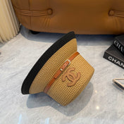 CHANEL 26S FLAT-BRIM STRAW HAT WITH RAISED CC LOGO 338108