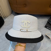 CHANEL 26S FLAT-BRIM STRAW HAT WITH RAISED CC LOGO 338109