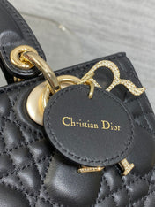 DIOR 25S SMALL LADY D‑JOY BAG 22 IN BLACK CALFSKIN GOLD HARDWARE
