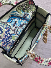 DIOR 25S SMALL LADY D-LITE BAG 24 IN BLUE AND WHITE CANVAS FLORAL EMBROIDERY