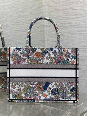 DIOR 25S LUCKY MEDIUM BOOK TOTE 36 IN MULTICOLOR COTTON FLOWERS CALENDAR ALLOVER EMBROIDERY