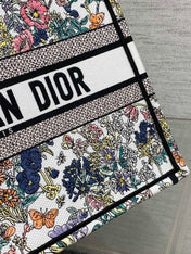 DIOR 25S LUCKY MEDIUM BOOK TOTE 36 IN MULTICOLOR COTTON FLOWERS CALENDAR ALLOVER EMBROIDERY