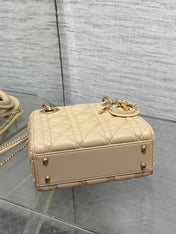 DIOR 25S MINI LADY DIOR BAG 17 IN BISCUIT CALFSKIN CHARM CRYSTAL EMBELLISHMENTS