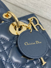 DIOR 25S MEDIUM LADY BAG 24 IN DEEP OCEAN BLUE CALFSKIN GOLD HARDWARE