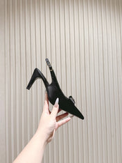 CC HIGH SLINGBACK IN BLACK SATIN WITH BOW ATTACHED