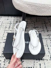 CHANEL 26S THONG SANDALS IN WHITE CALFSKIN WITH GOLD HARDWARE