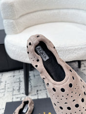 ALAIA 26S FLAT SLIP-ONS IN NUDE PINK SUEDE WITH OPENWORK PATTERN