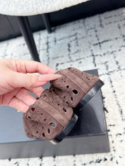 ALAIA 26S FLAT SLIP-ONS IN DARK BROWN SUEDE WITH OPENWORK PATTERN