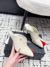 CHANEL 26S SQUARE-TOE HEELED MULES 95 MM IN CREAM WHITE MIX RED PATENT LAMBSKIN