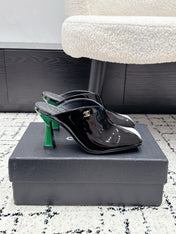 CHANEL 26S SQUARE-TOE HEELED MULES 95 MM IN BLACK MIX WHITE PATENT LAMBSKIN