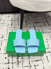 BOTTEGA VENETA 26S SQUARE-TOE WOVEN-STRAP SANDALS IN BLUE LAMBSKIN