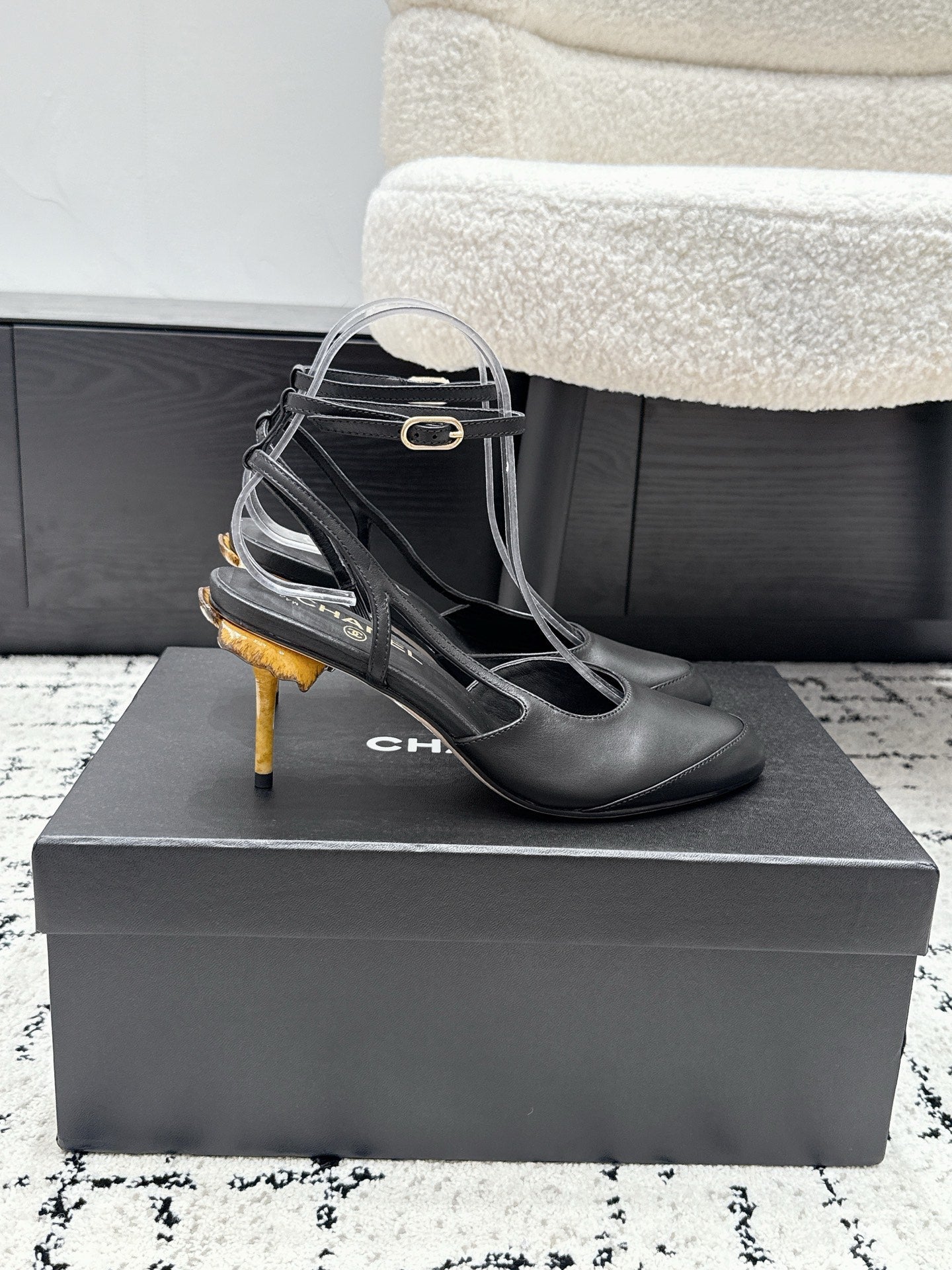 CHANEL 26S HEELED SLINGBACKS 75 MM IN BLACK LAMBSKIN