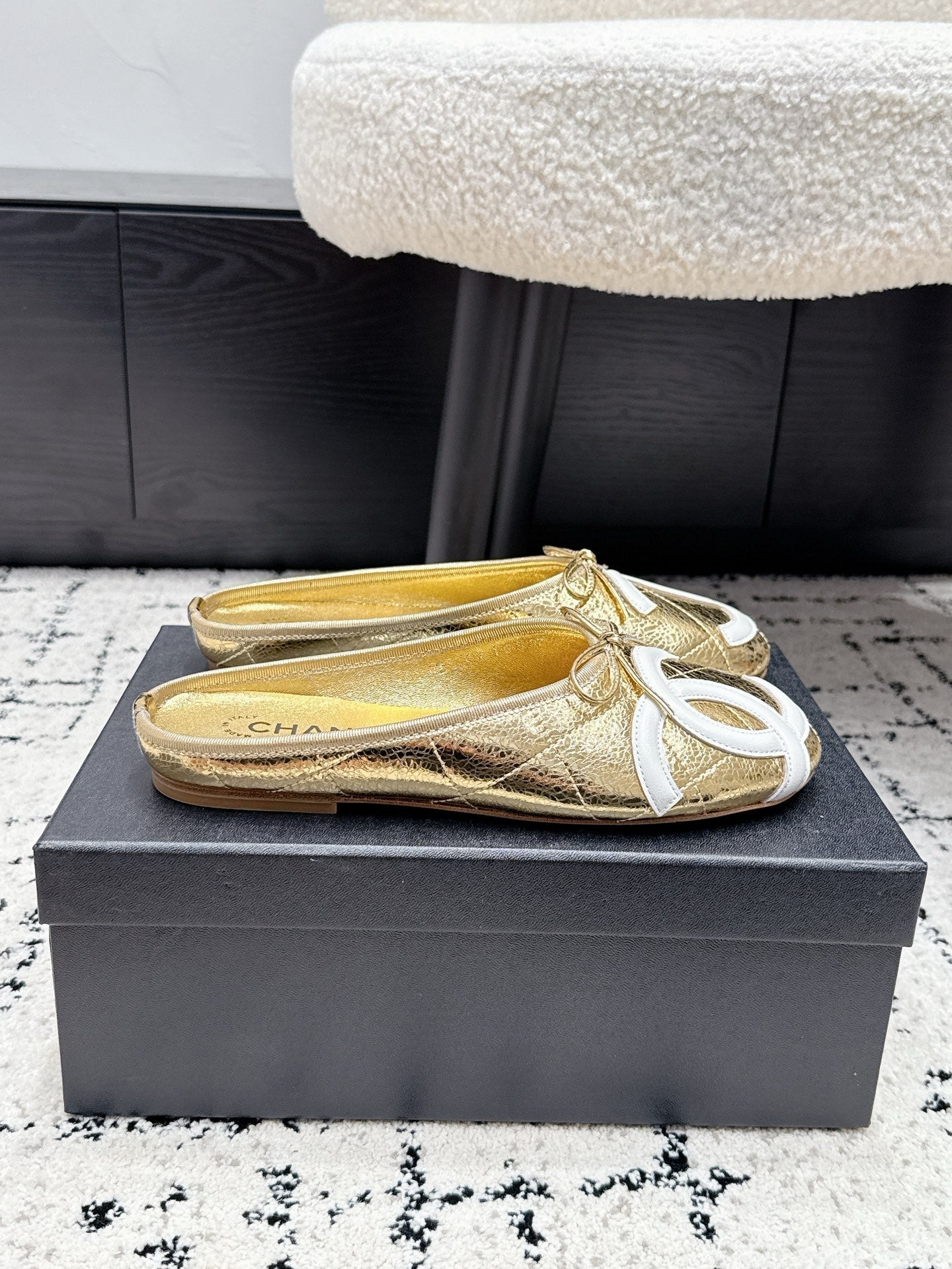CHANEL 26S FLAT MULES IN GOLD LAMBSKIN