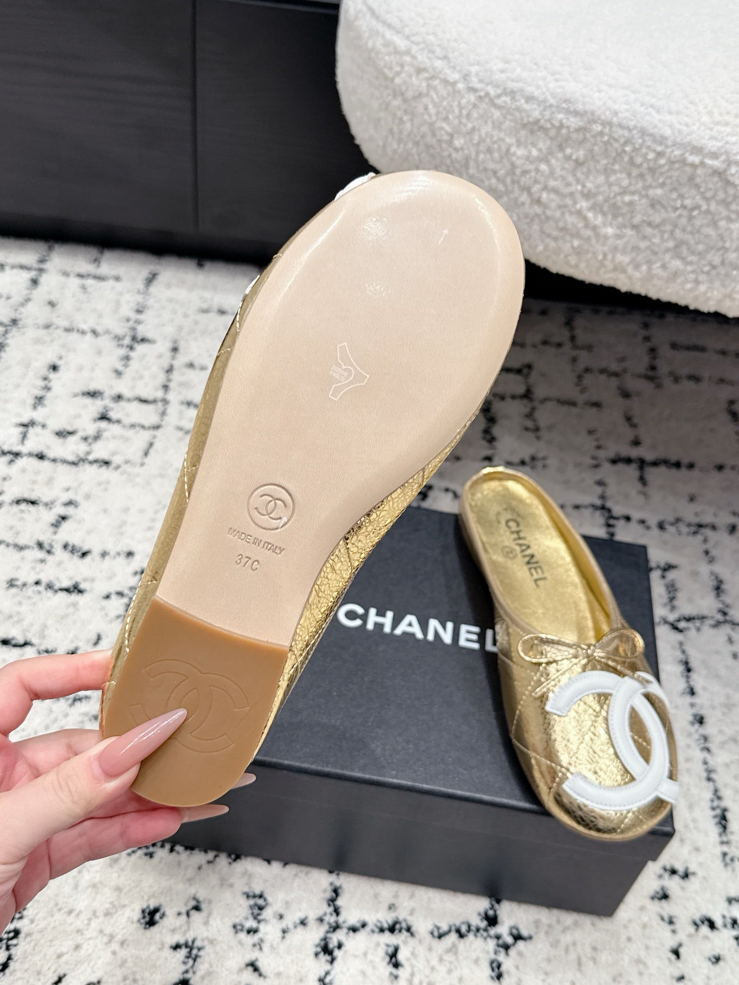 CHANEL 26S FLAT MULES IN GOLD LAMBSKIN