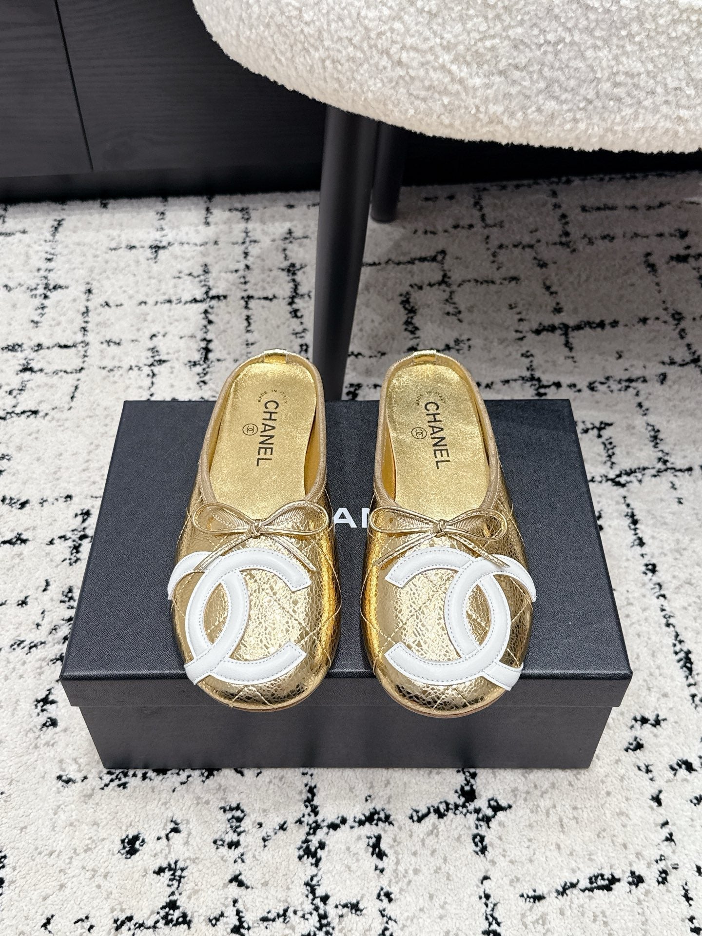 CHANEL 26S FLAT MULES IN GOLD LAMBSKIN