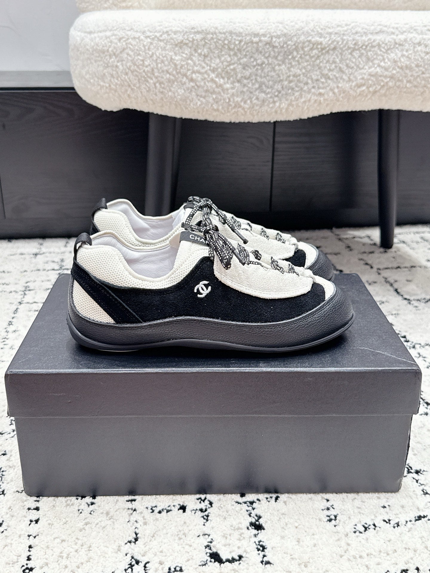CHANEL 26S LACE-UP SNEAKERS IN WHITE MIX BLACK SUEDE AND LAMBSKIN