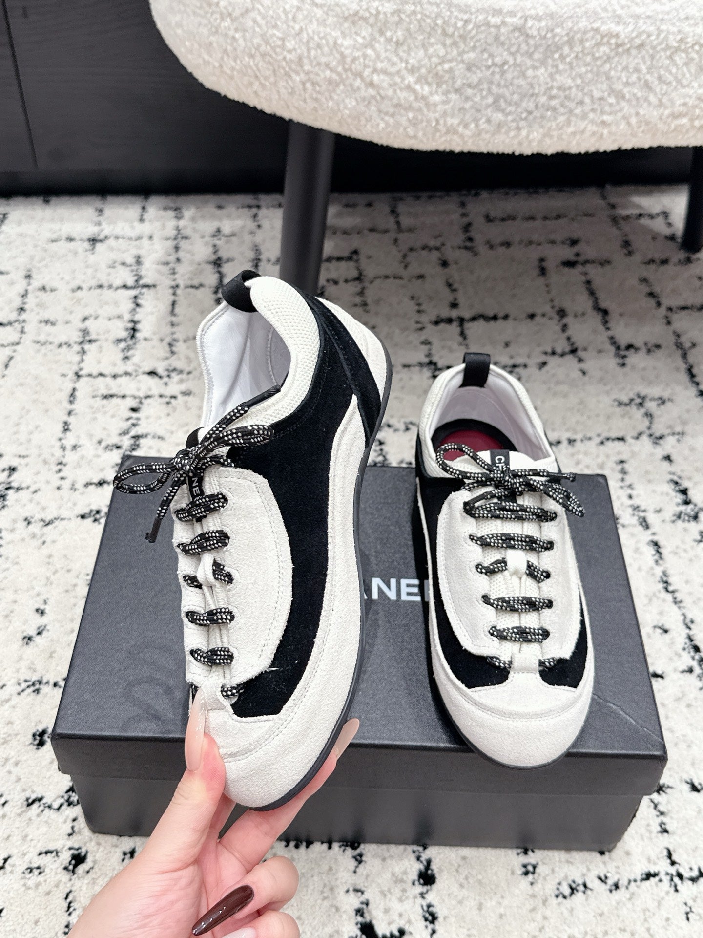 CHANEL 26S LACE-UP SNEAKERS IN WHITE AND BLACK SUEDE STYLE 2