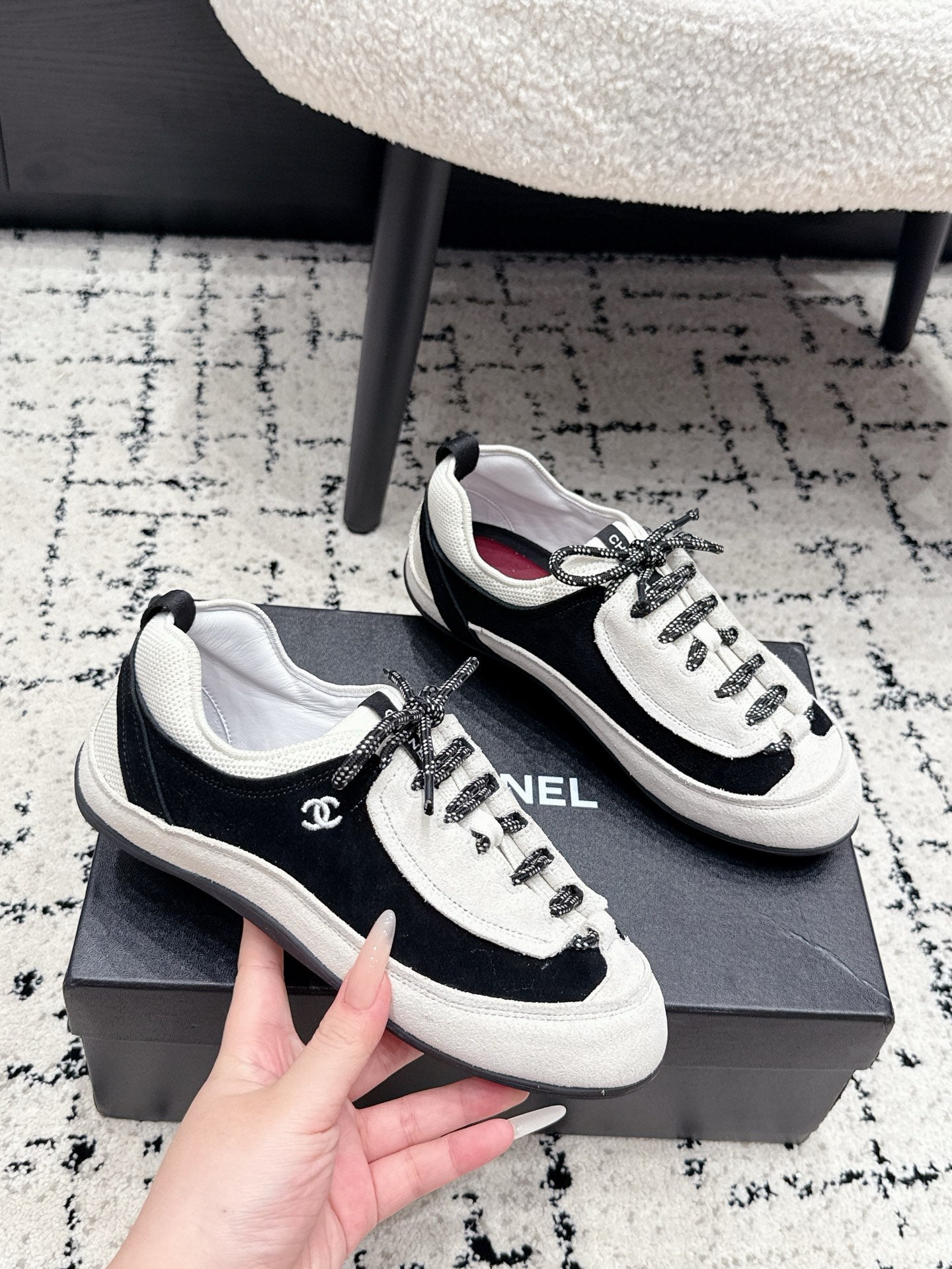 CHANEL 26S LACE-UP SNEAKERS IN WHITE AND BLACK SUEDE STYLE 2
