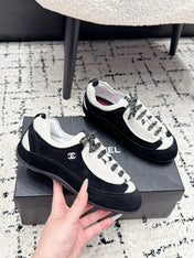 CHANEL 26S LACE-UP SNEAKERS IN WHITE AND BLACK SUEDE