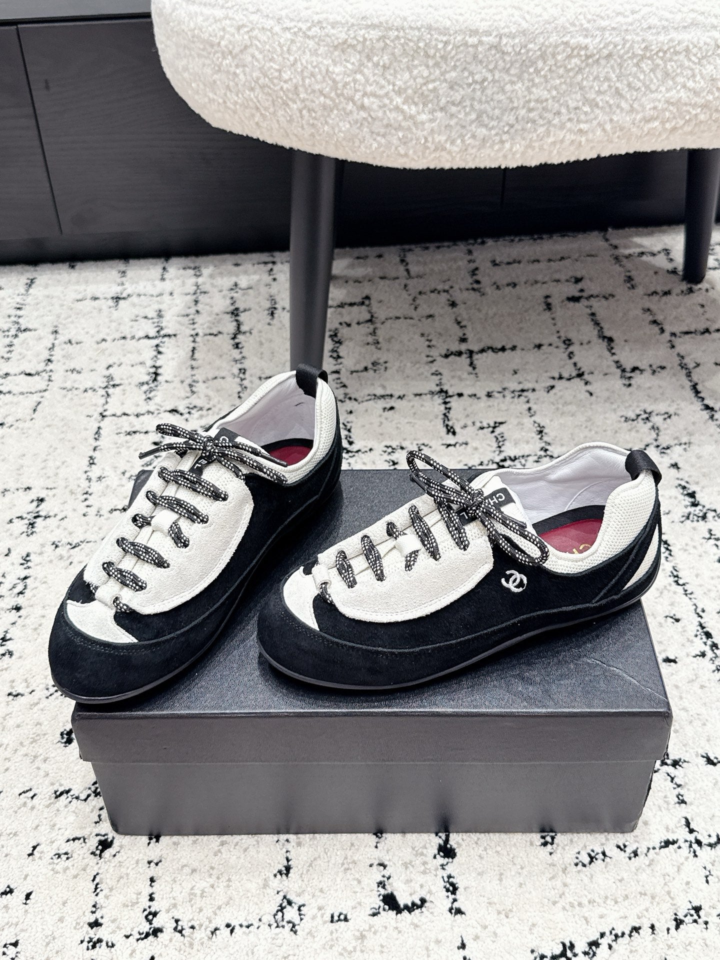 CHANEL 26S LACE-UP SNEAKERS IN WHITE AND BLACK SUEDE