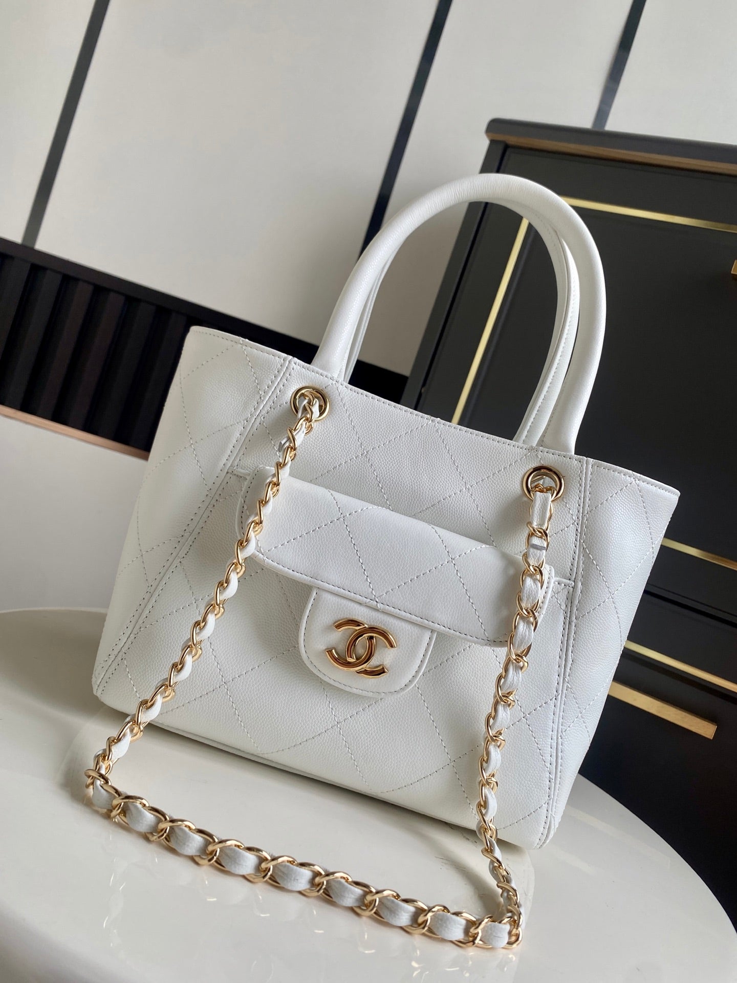 CHANEL 26S QUILTED SMALL SHOPPING TOTE 25 IN WHITE CAVIAR CALFSKIN GOLD HARDWARE