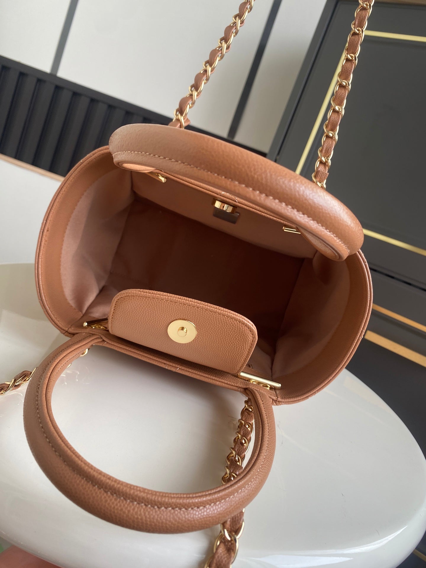 CHANEL 26S QUILTED SMALL SHOPPING TOTE 25 IN CARAMEL BROWN CAVIAR CALFSKIN GOLD HARDWARE