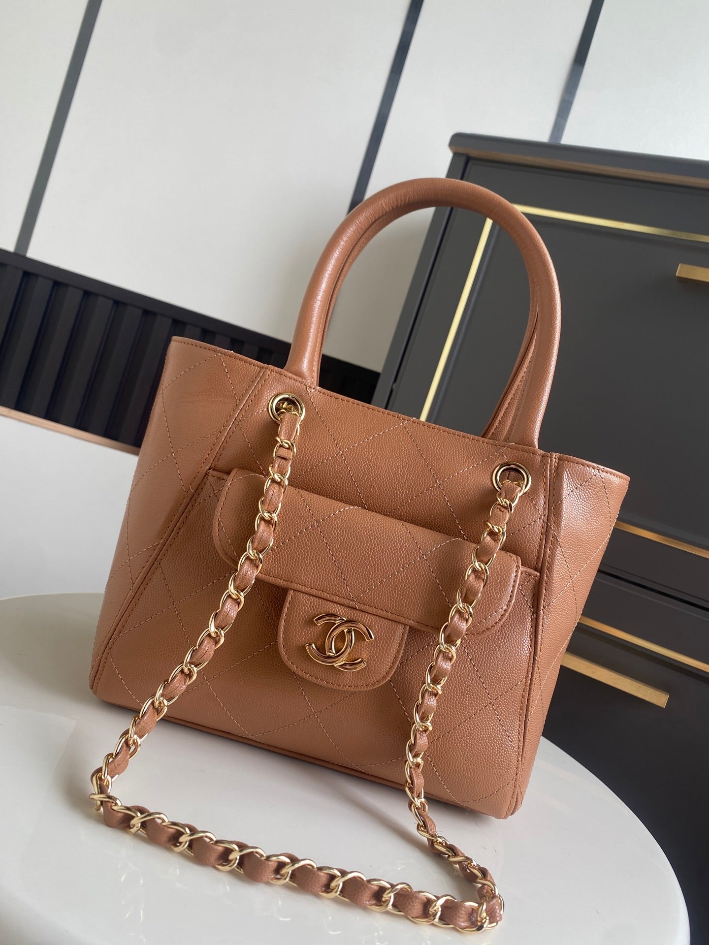 CHANEL 26S QUILTED SMALL SHOPPING TOTE 25 IN CARAMEL BROWN CAVIAR CALFSKIN GOLD HARDWARE