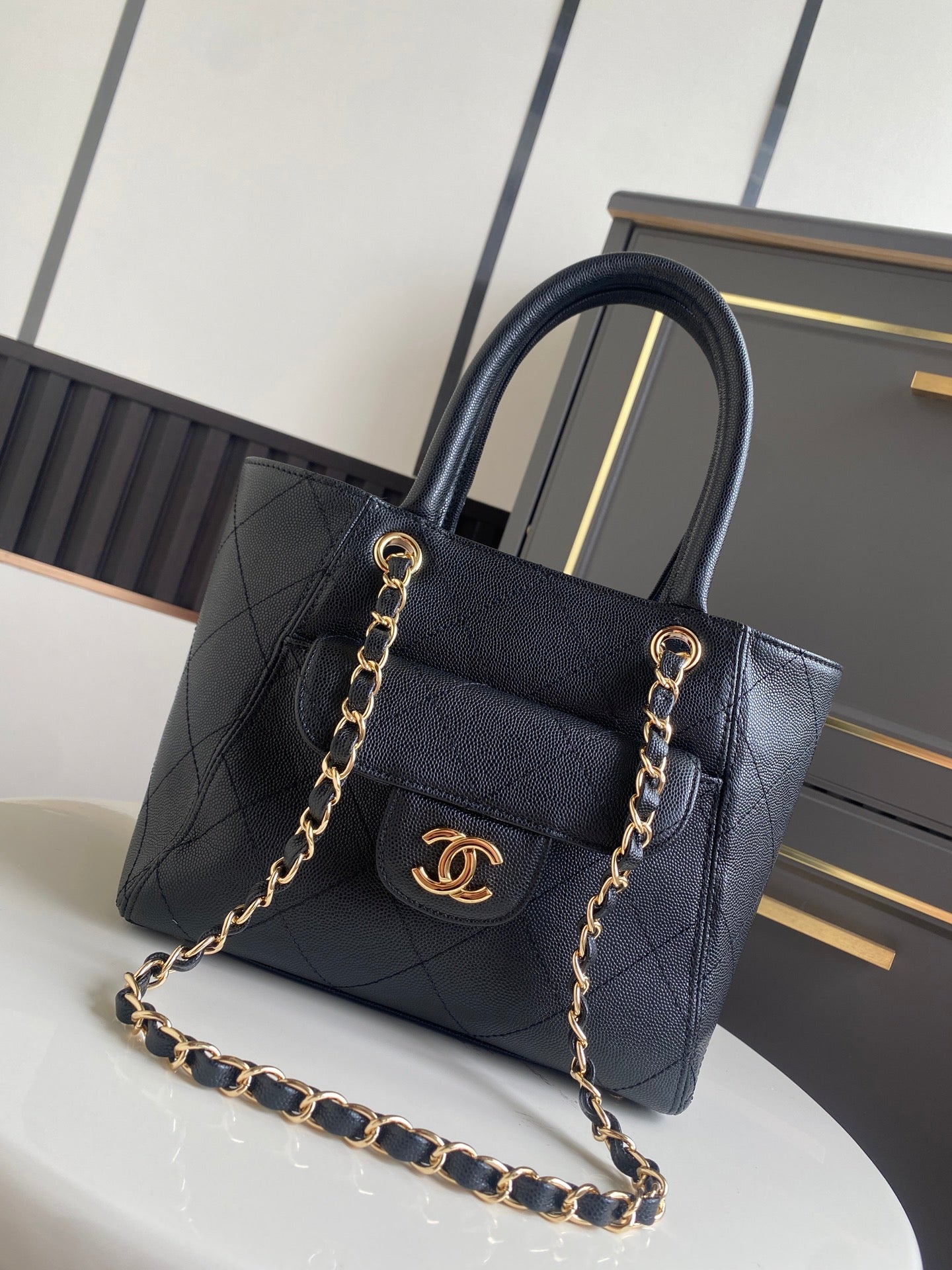 CHANEL 26S QUILTED SMALL SHOPPING TOTE 25 IN BLACK CAVIAR CALFSKIN GOLD HARDWARE