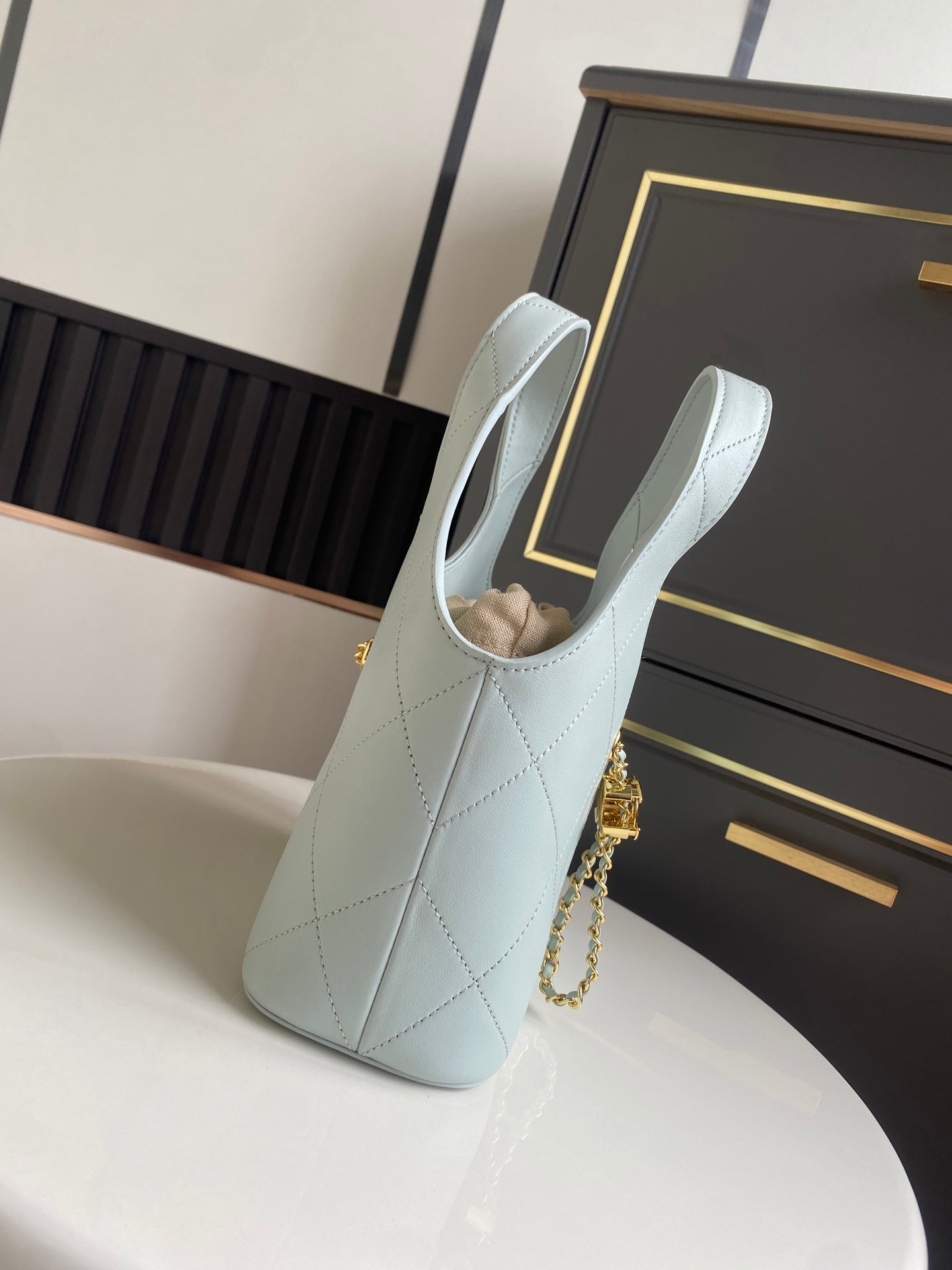CHANEL 26S QUILTED HOBO BAG 27 IN PALE BLUE CALFSKIN GOLD HARDWARE