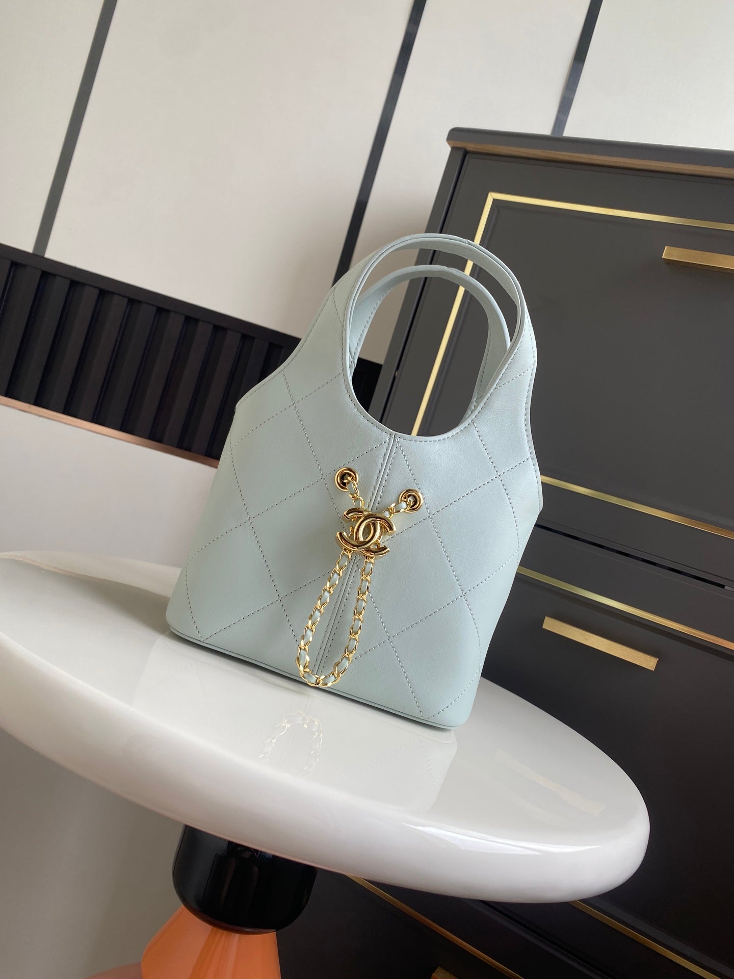 CHANEL 26S QUILTED HOBO BAG 27 IN PALE BLUE CALFSKIN GOLD HARDWARE