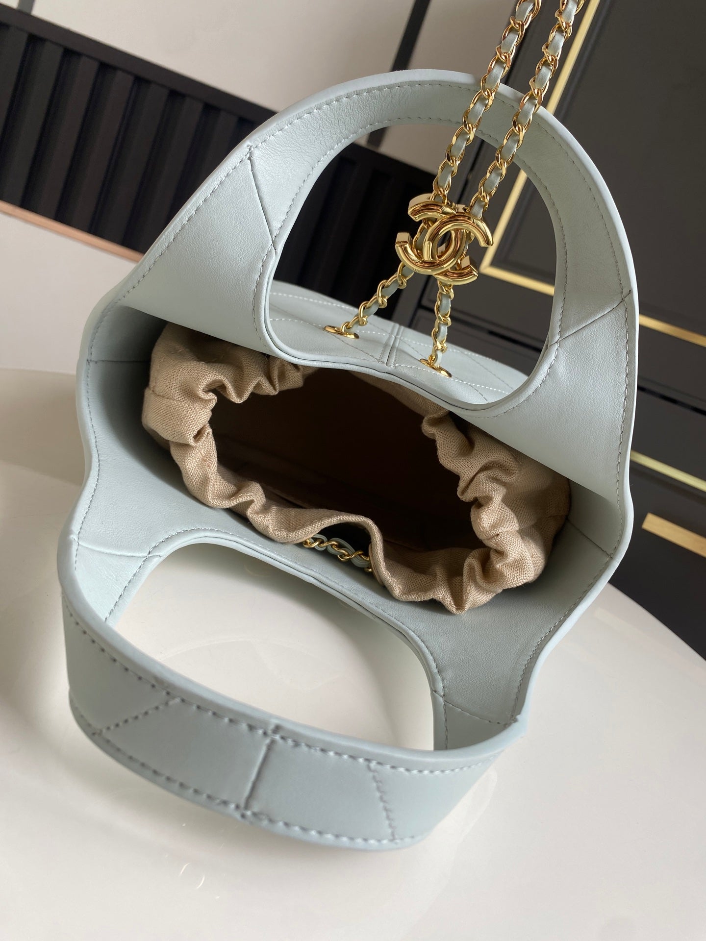 CHANEL 26S QUILTED HOBO BAG 27 IN PALE BLUE CALFSKIN GOLD HARDWARE