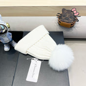 KNITTED BEANIE HAT IN WHITE WOOL AND FOX FUR 435031