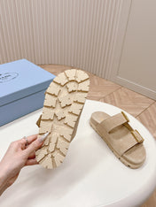 Double Buckle Strap Slides 20 Light Brown Suede