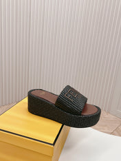 FENDI SIGNATURE WEDGE PLATFORM 6 CM IN BLACK FIBRE WITH BROWN EMBROIDERED LOGO